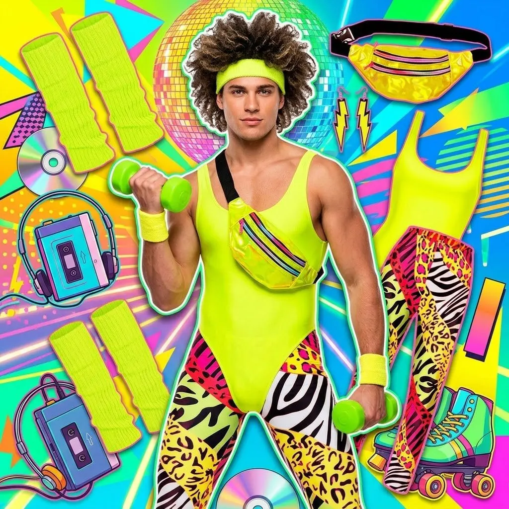 Men 80s Neon Animal Print Aerobics Halloween Suit