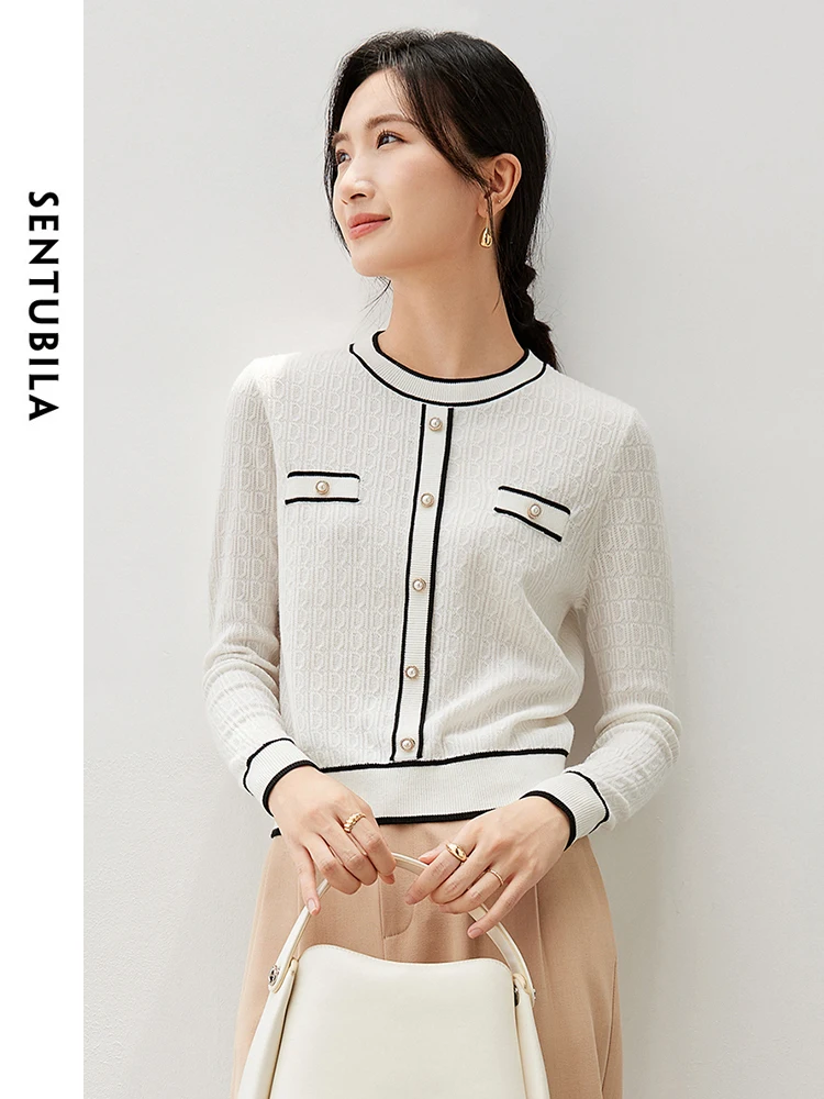 

SENTUBILA Elegant Wool Knitted Pullovers for Women 2024 Straight Autumn High Elasticity Spliced Long Sleeve Women Top W43E56740