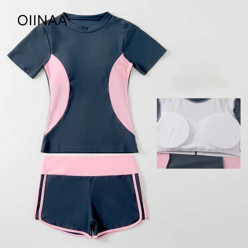 

OIINAA Contrast Color Bathing Suit Women O Neck Short Sleeve Split Swimsuit Fashion Japanese Hot Spring Swimwear Summer 2025 New