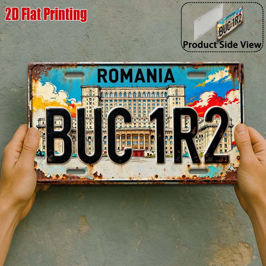 1PC 2D Tin Sign - Vintage Durable Metal Plaque Wall Decor, Romania Bucharest BUC1R2 Home Office Bar Man Cave Wall Art