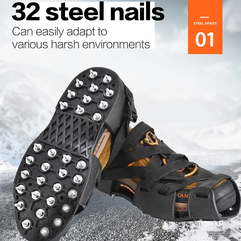 New 32 Teeth Nail Anti-Slip Anti-Skid Non-slip Shoe Covers Snow Ice Crampons Cleats Grips Climbing Boots Ice Gripper Spike Shoes