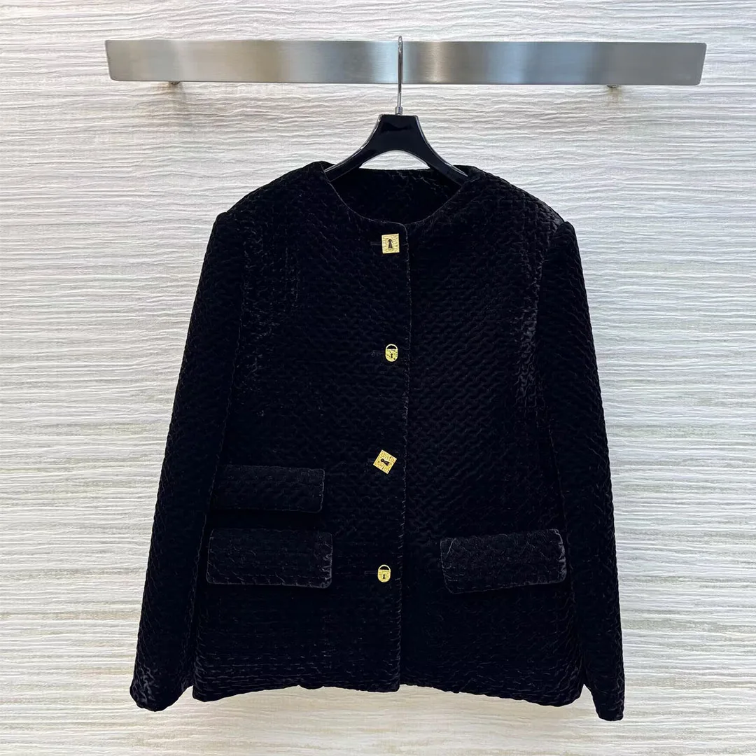 New Fashion Winter Black Velvet Keep Warm 90% White Goose Down Coat Women O-neck Gold Buttons Pockets Vintage Loose Jacket