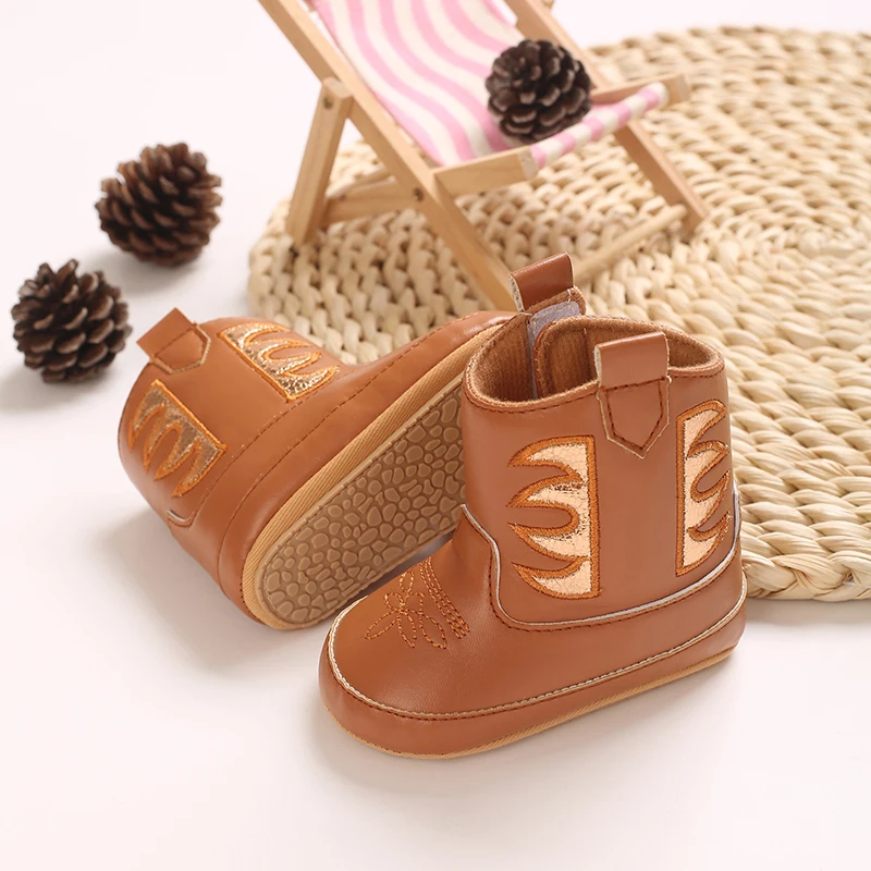 Baby Western Cowboy Booties Glitter Embroidery Faux Leather Soft Sole Infant Newborn Crib First Walkers Shoes 0-18M