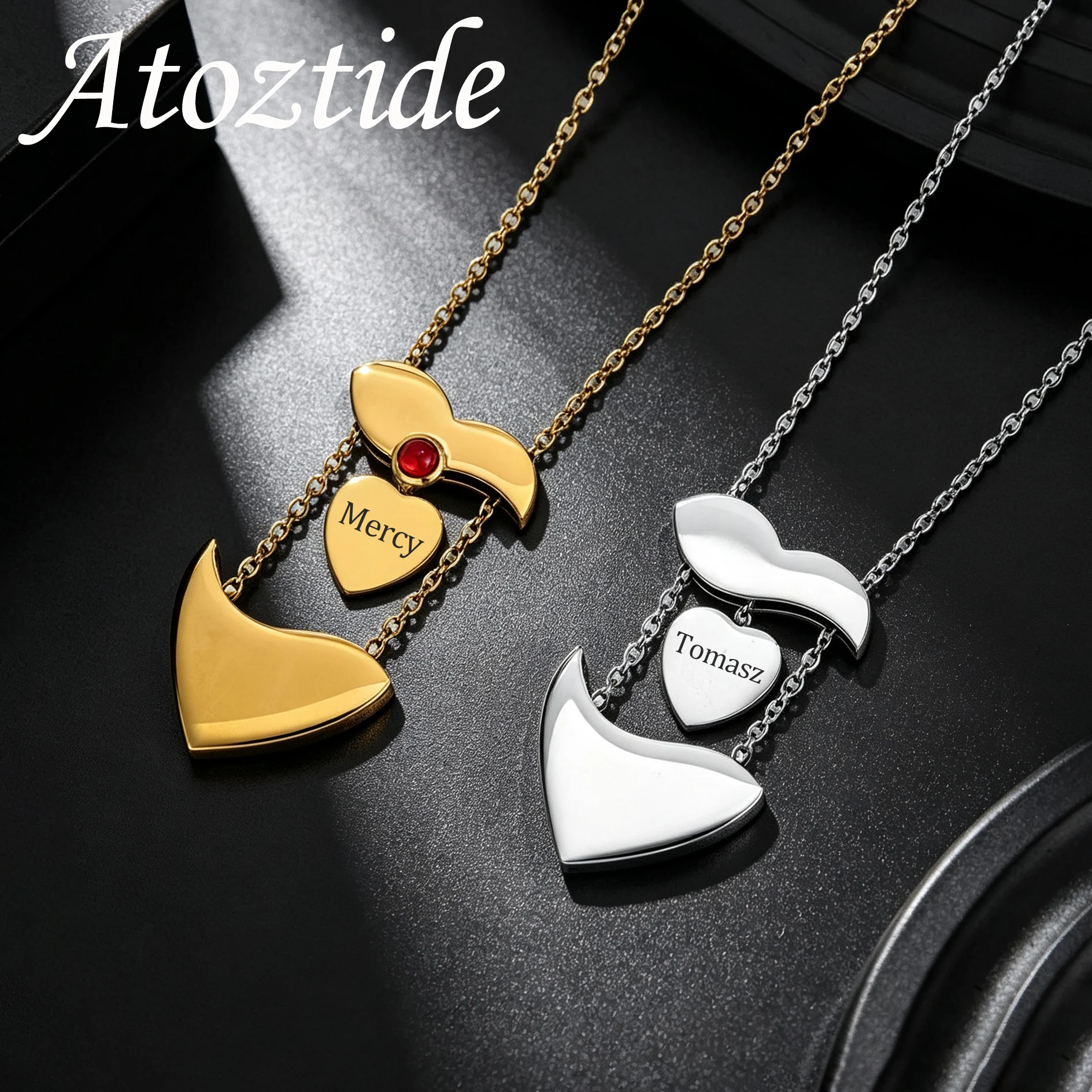Birth Flower Necklace - สร้อยคอสลักชื่อ Atoztide สำหรับผู้หญิงและผู้ชาย จี้หัวใจแบบดึงได้ เครื่องประดับสเตนเลสสตีล สร้อยคอแบบโช้กเกอร์