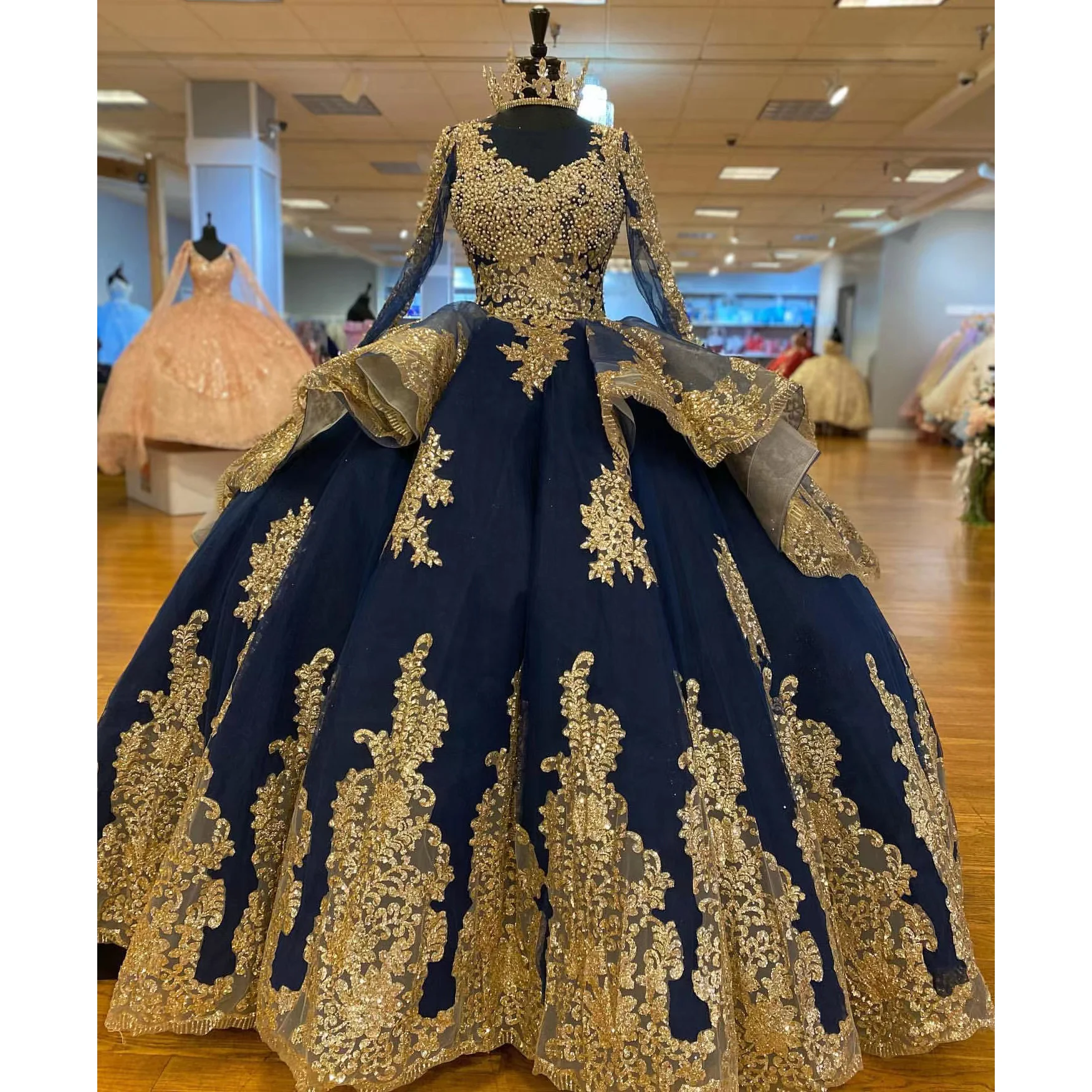 Vestido De quinceañera dorado De lujo, vestido De baile con cuentas, manga larga, Cenicienta dulce, 16 Vestidos, 15 Años, personalizado