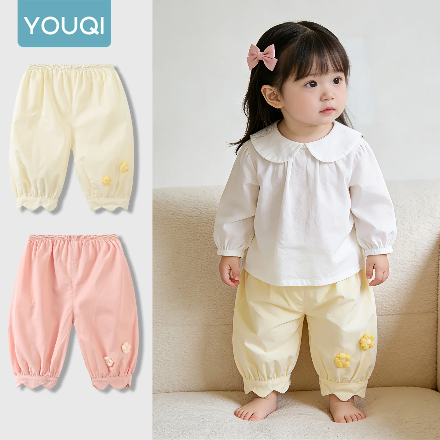 

【Youqi】Китайские повседневные брюки для малышей 0-2 лет, летние милые тонкие повседневные длинные брюки, детские уличные брюки, кружевные брюки