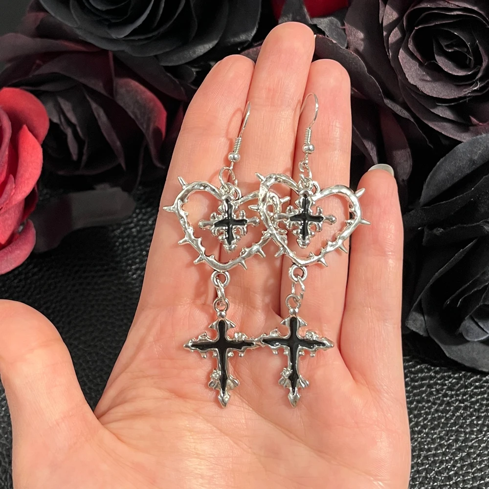 Punk Heart Gothic Cross Earrings for Women Fashion Jewelry Gifts Accessories Star Thorn Heart Black Pendant Ear Hooks
