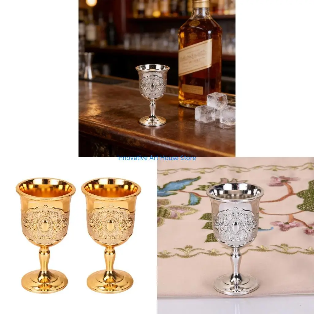 E1PC 2Pcs Chalice Goblet Metal Shot Glasses Engraving Rose Flower Wine Cup Medieval Drinkware for Party Wedding Decors Gift