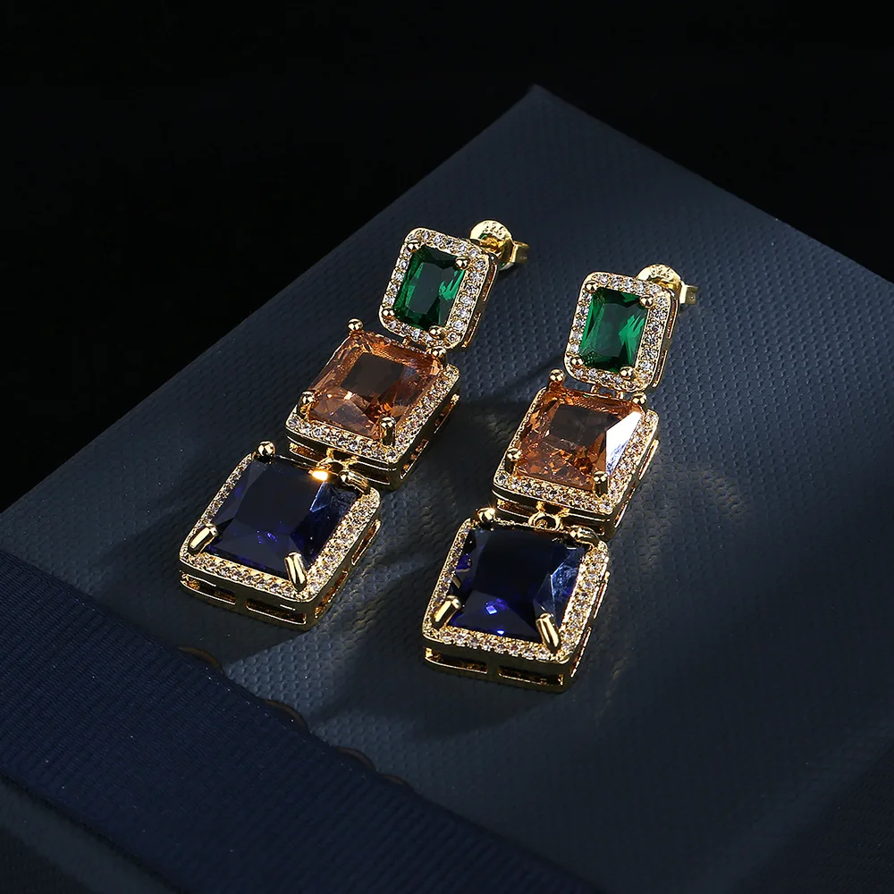 925 Silver Colorful Rhinestone Geometric Earrings Square Fashion Wild Stud Earrings Not Easy To Allergic Earrings Jewelry