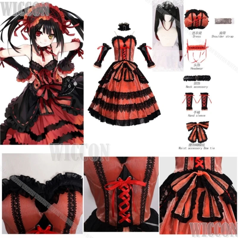 

Tokisaki Kurumi Nightmare Cosplay Wig Vintage Lolita Black Red Dress Girl Women Outfit Party Stage Performance Suit Customized