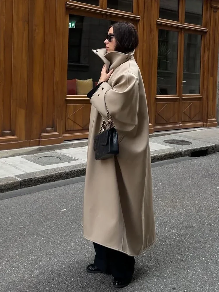 Solid Oversized Trench Coat Drop‑shoulder Long Windbreaker High Stand Collar Loose Fit Women Autumn New Street Commute Outerwear