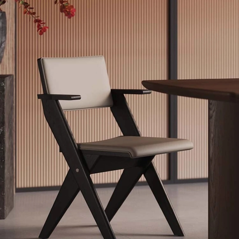 Chair cowhide simple armrest solid wood dining chair