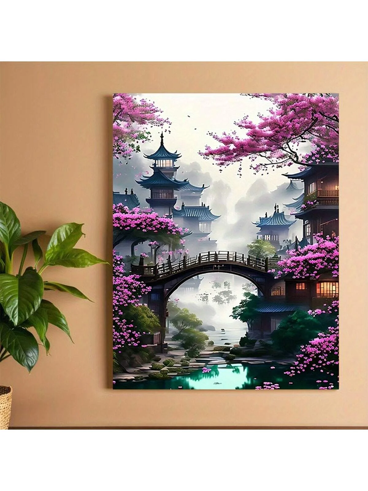 Cherry Blossom &Architecture Canvas Wall Art - Frameless Serene Landscape Decor for Home, Office, or Café, Office，No Frame