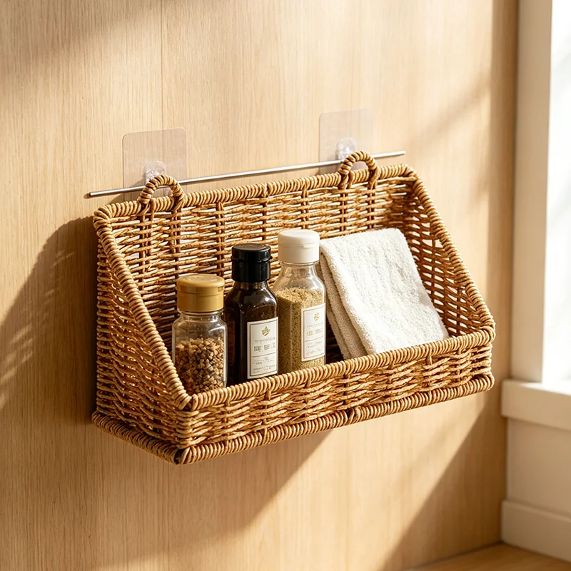1pc Rustic Wall-Mounted Basket with Hooks - Woven Rattan Storage Hamper Suitable for Bathroom, Kitchen, Bedroom & Living Room