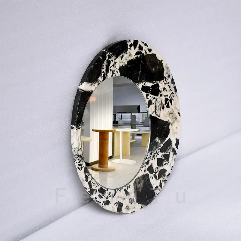 Modern Light Luxury Style Natural marble decorated mirror Hotel Wall-Mounted Roundness Cosmetic Mirror ART Photographic Prop