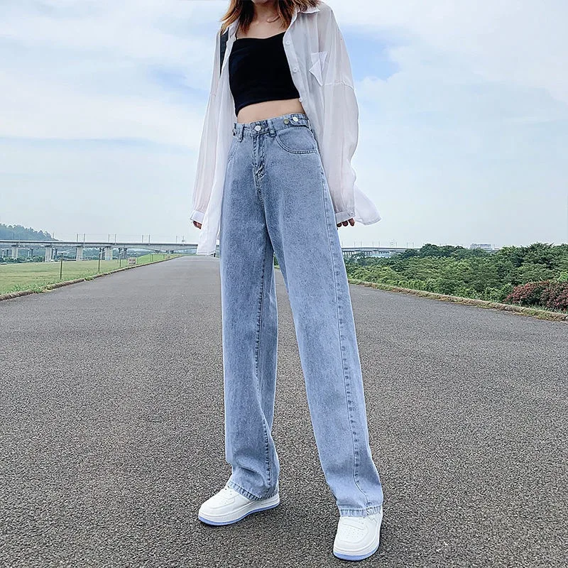 

Spring Autumn High waisted straight leg Jeans for women's Loose Korean Wide leg floor mop Pants Female Casual Denim Trousers