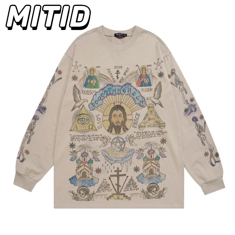 

Hip Hop Y2k Streetwear Hoodies for Men Retro High Street Casual Print Loose Long Sleeve O-Neck New in Pullovers Sweaters for Men