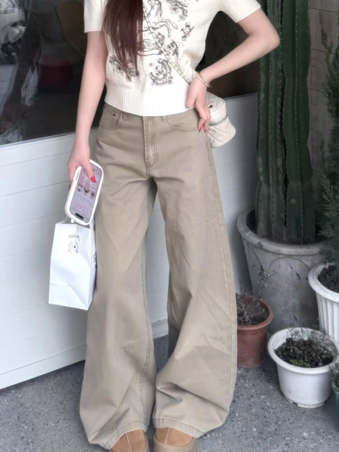 Retro American Khaki Denim Jeans Women's High Waist Skinny Wide Leg Pants Pear Shape Body Washed out Casual High Quality