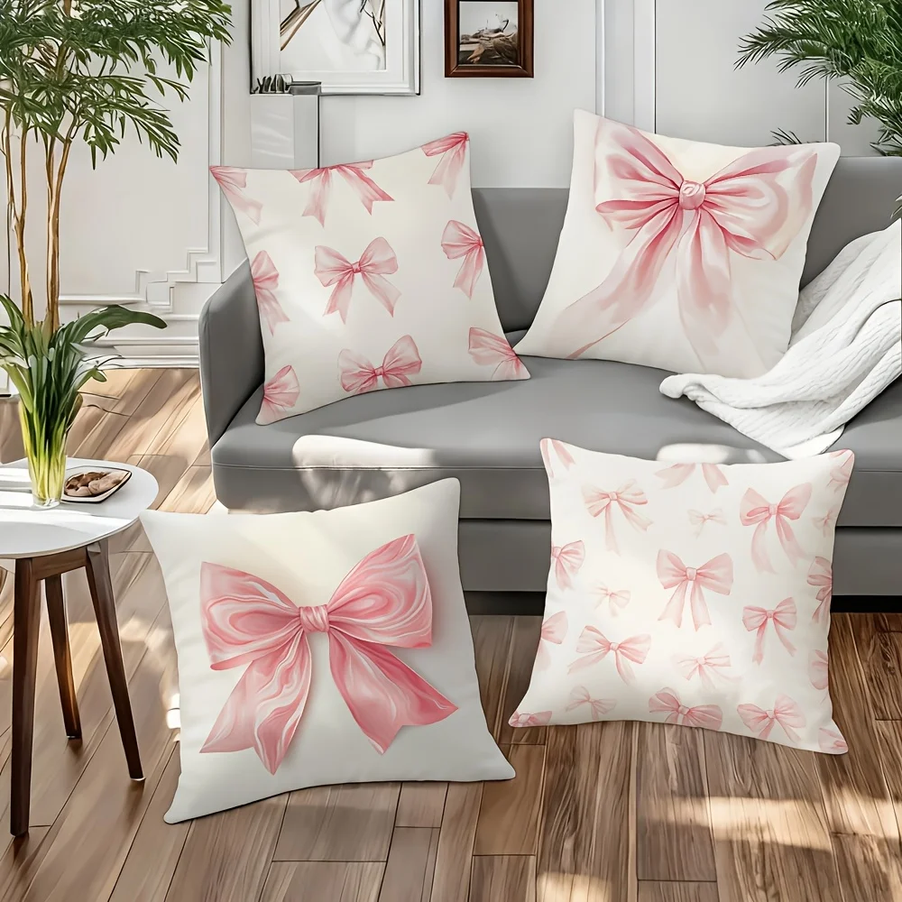 Double SidedPink Bow Knot Watercolor Cushion Covers - 4-Piece Set Sweet & Soft Decorative Throw Pillow Cases for Bedroom & Sofa