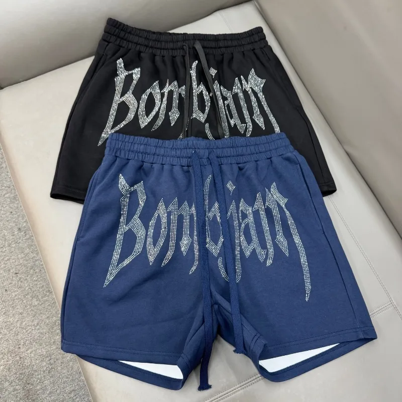 

Embroidery Rhinestone Black Blue Shorts Men Women Loose Drawstring Sports Shortpants Breach Short Pants