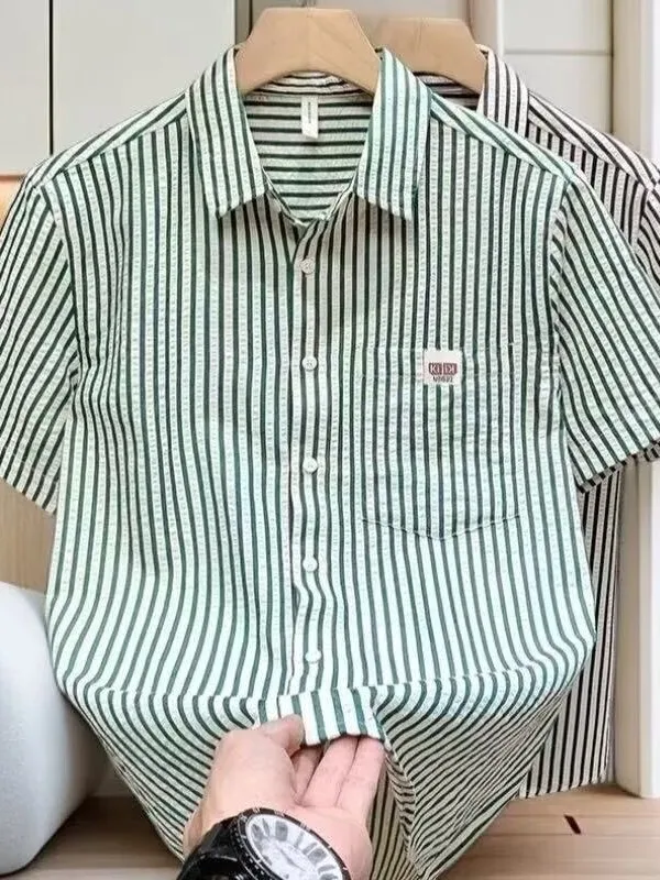 Summer Thin Short Sleeve Striped Shirt with Pocket Men's Fashionable Versatile Barber Trendy Shirt Breathable Lightweight Pol...