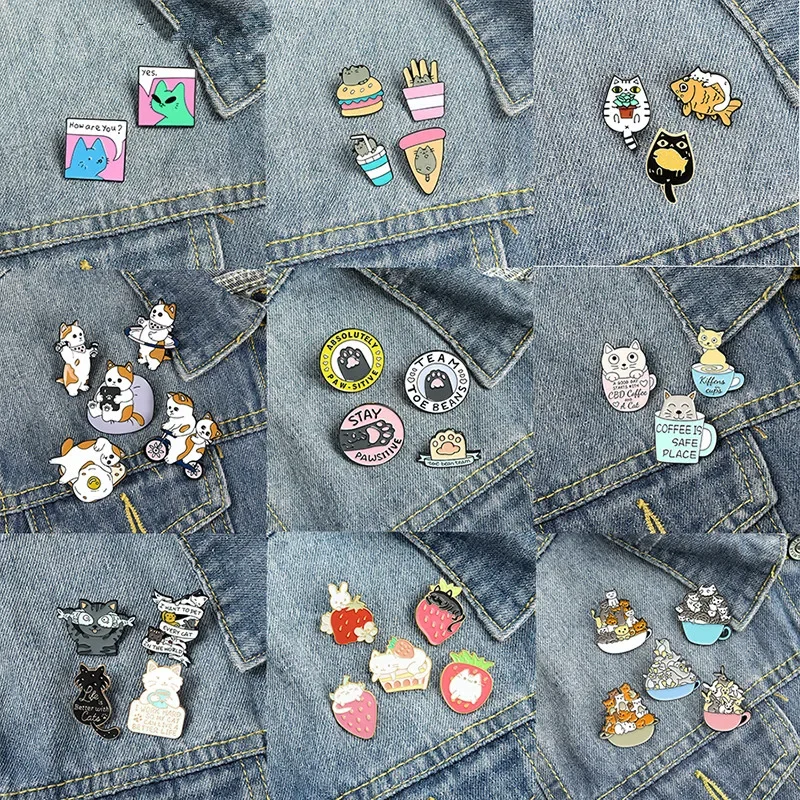 Set Cat Collection Kitty Enamel Pins Kawaii Animal Badges Paw Brooches Pawprint Pin Cat Lover Jewelry Children Gifts Accessories