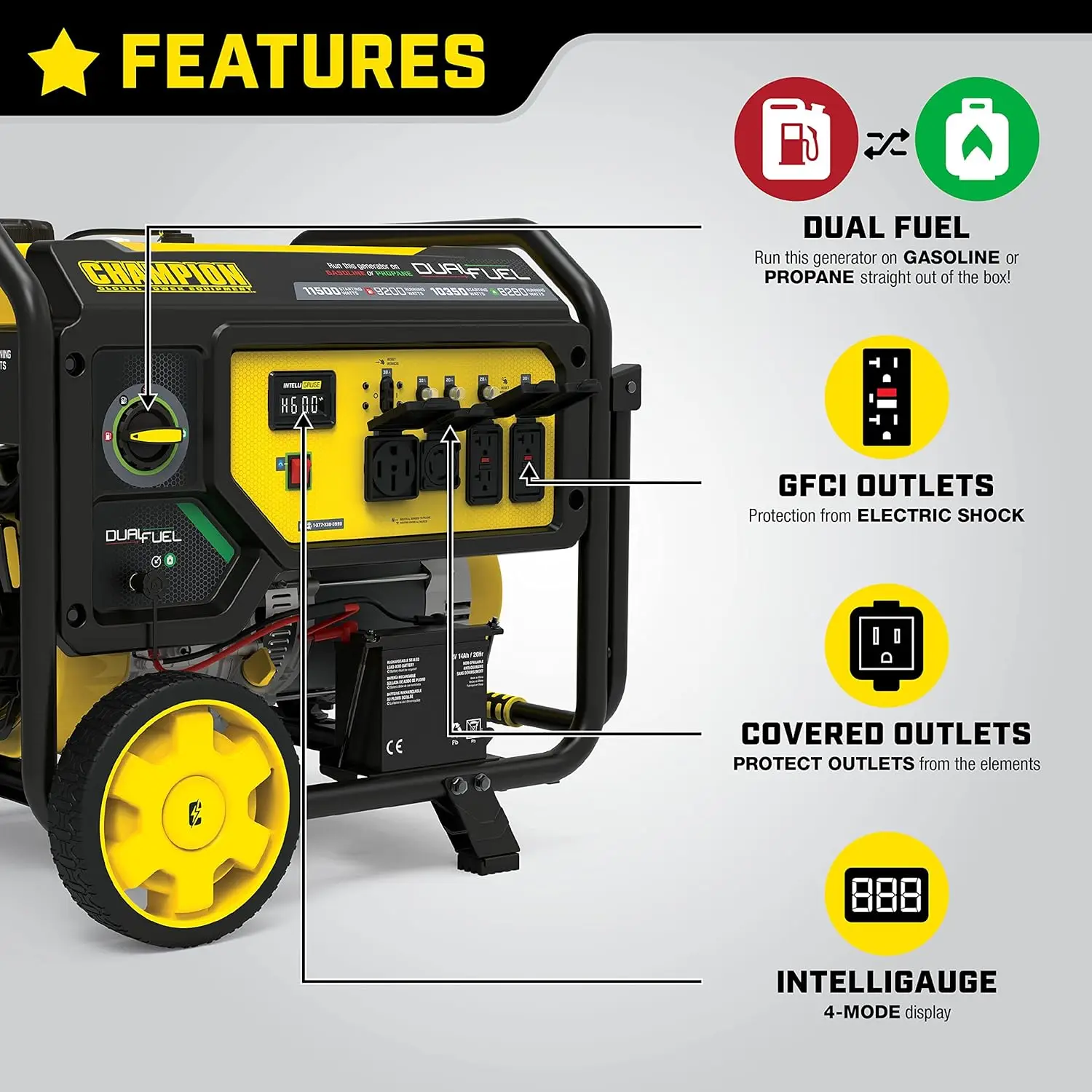 11,500-Watt Dual Fuel Portable Generator Electric Start Keep track of voltage hertz and run-time hours to easily monitor output