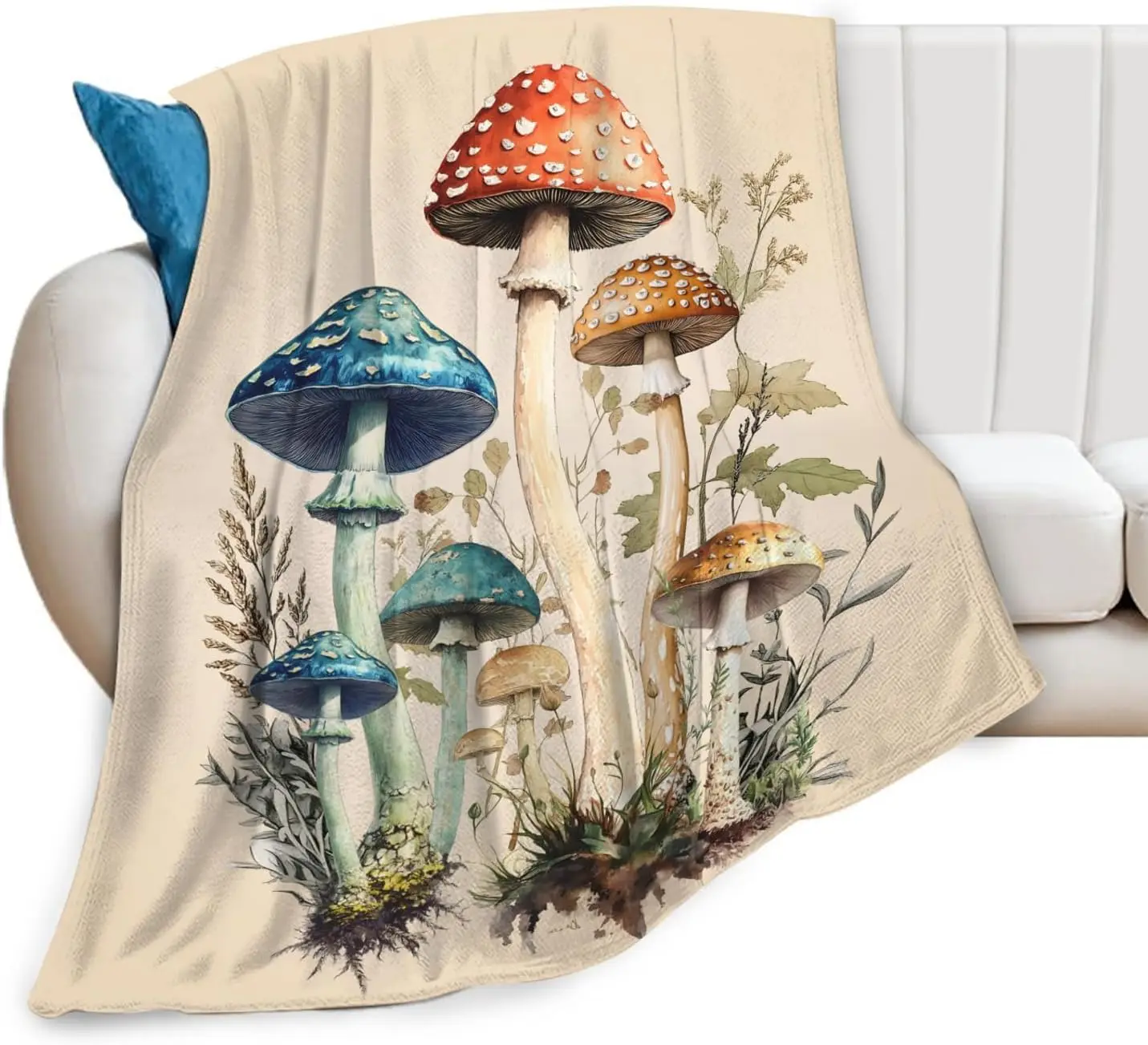 Hand Painted Red Blue Wild Mushroom Herbs Botanical Watercolor Pattern Comfortable Fleece Blanket Fit Sofa Bed Cottage Household