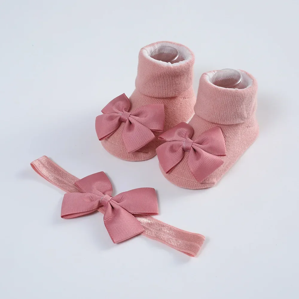 Cotton Baby Socks and Hair Band Set for Newborn Ribbon Bow Headband Baby Girls Breathable Socks Babies Accessories