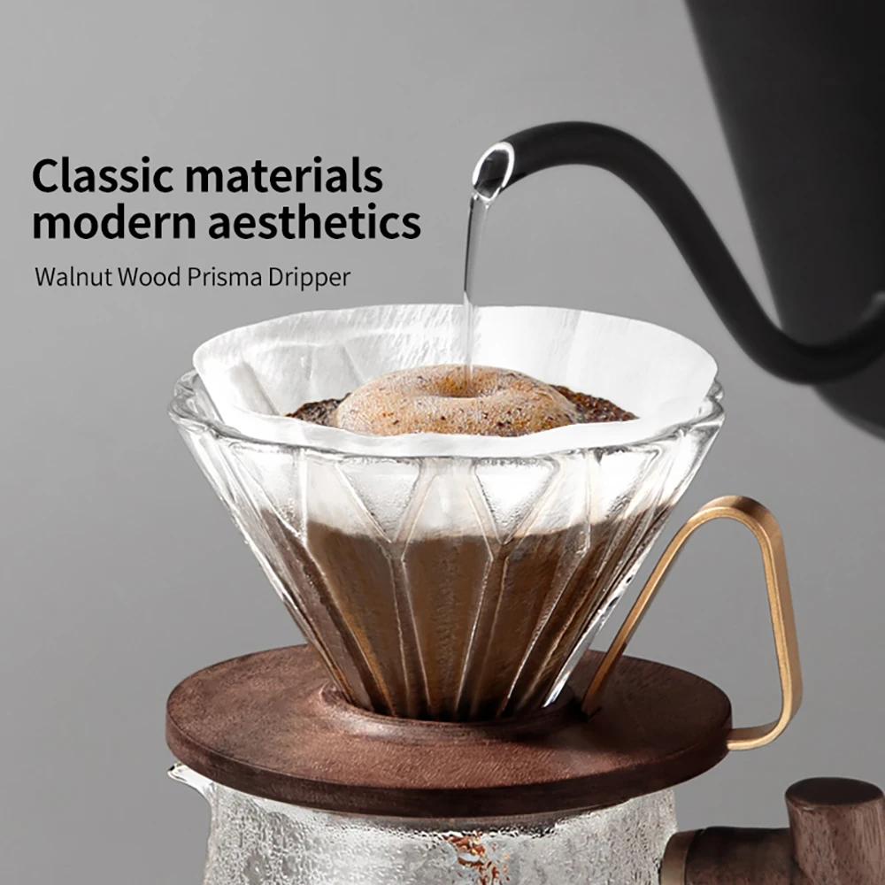 zeroHero Walnut Wood Coffee Dripper Faceted Borosilicate Glass 1-2 Cups 58 Degree Pour Over Filter Holder for Home Cafe Brew Set