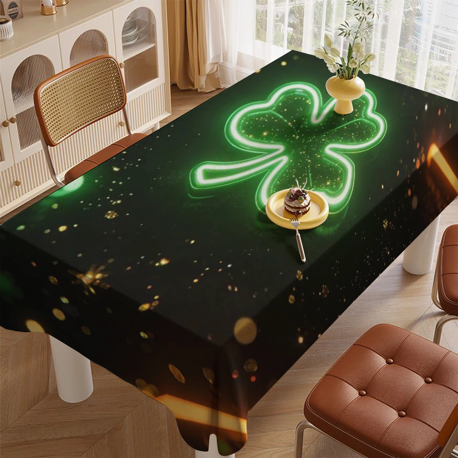 2D Glowing Four-Leaf Clover Tablecloth Restaurant Kitchen Tablecloth Living Room Home Decoration Rectangular Party Decoration