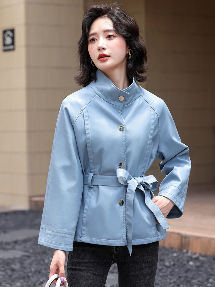 Manteau en cuir pour femme, coupe ajustée, en peau de mouton véritable de Haining, avec ceinture, style décontracté, vêtement d'extérieur tendance, collection Automne Hiver