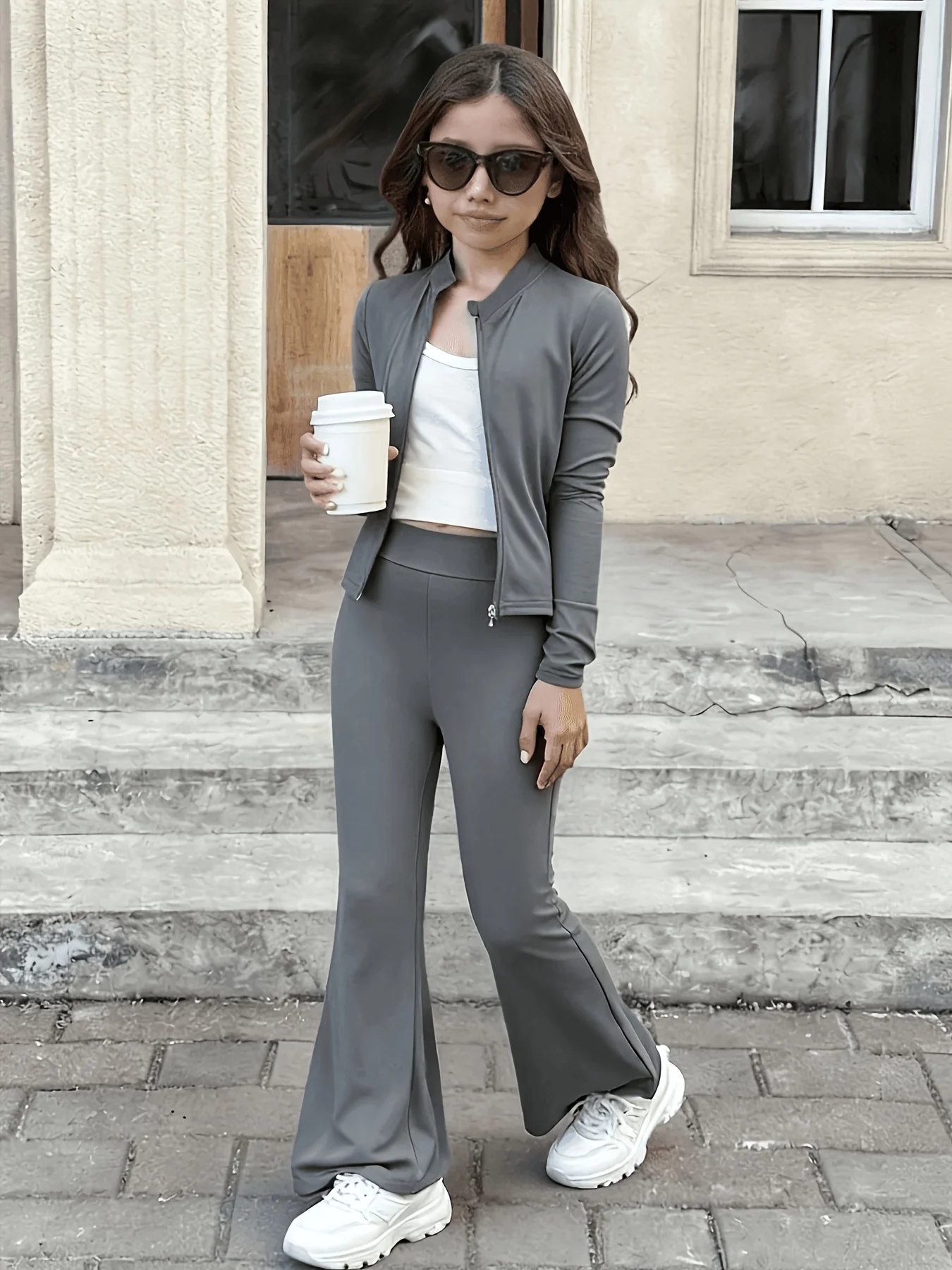 Girls' Summer and Autumn Casual Outfit: Girls' Stand Collar Zipper Slim Fit Sports Jacket Paired with Slightly Flared Sports Pants, Two-Piece Set Suitable for Girls Aged 8-12, Solid Color Clothing