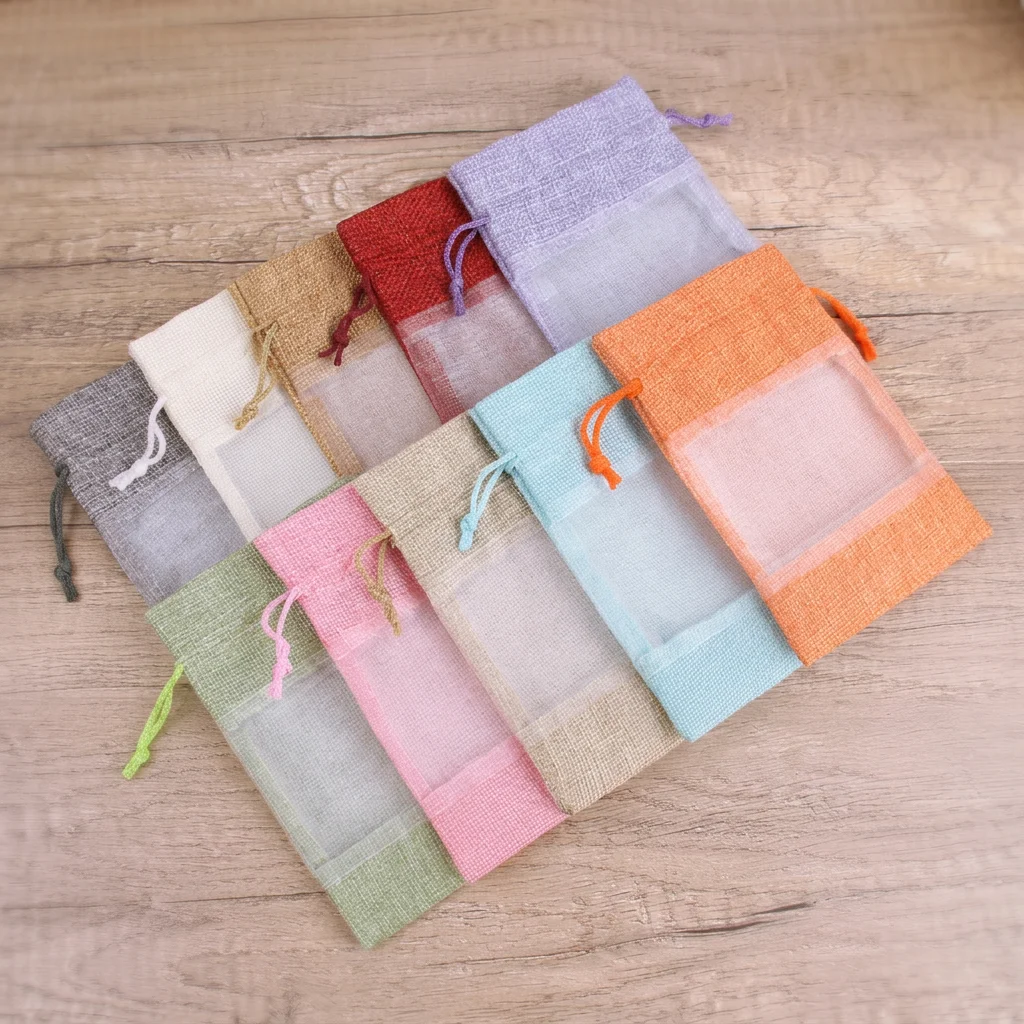 Portable Burlap Pouch Transparent Drawstring Storage Bag Spliced Mesh Bag Customizable Window Burlap Bag For Jewelry Storage