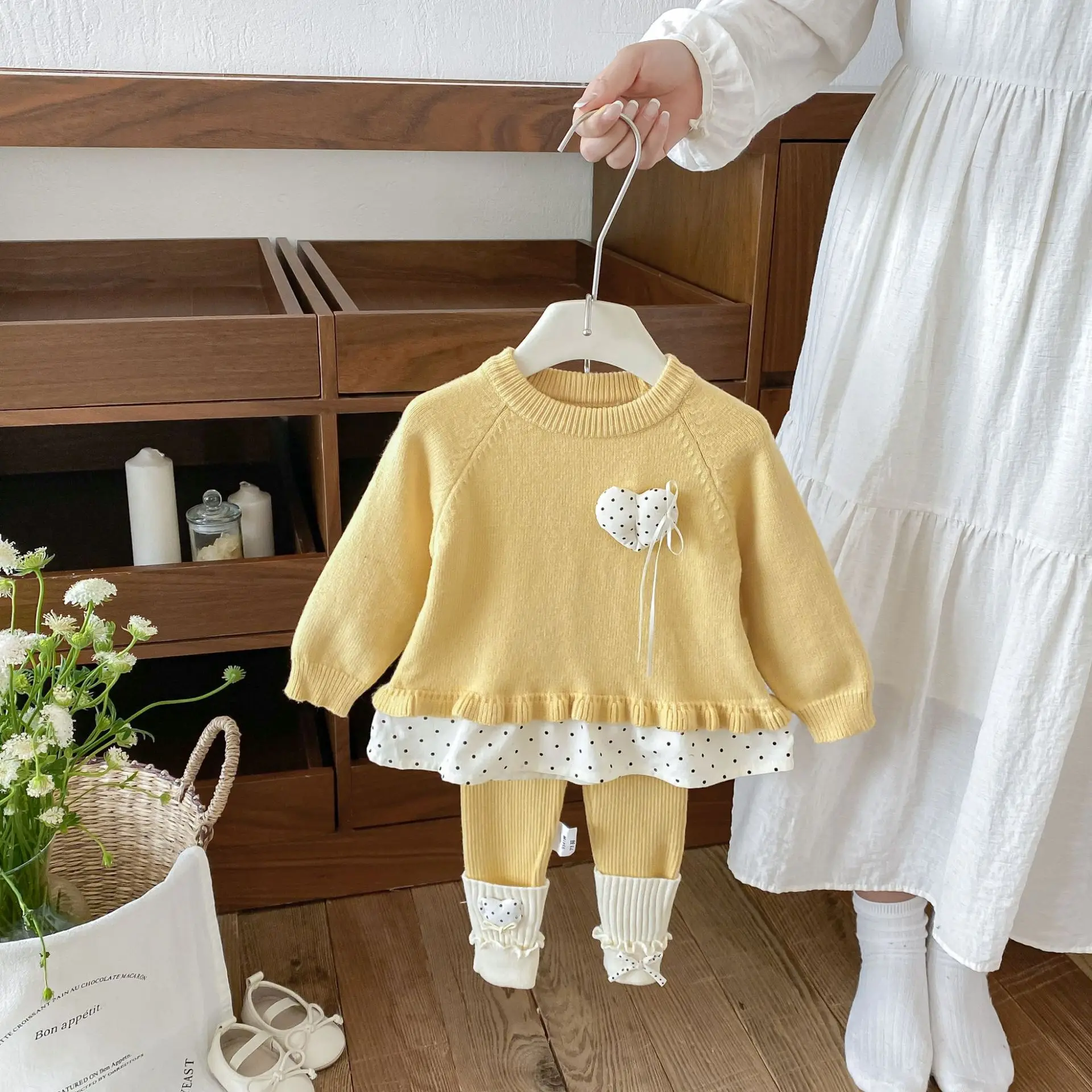 2026 Autumn New Baby Long Sleeve Clothes Set Girls Polka Dot Heart Knitted Tops + Leggings 2pcs Suit Toddler Cotton Outfits