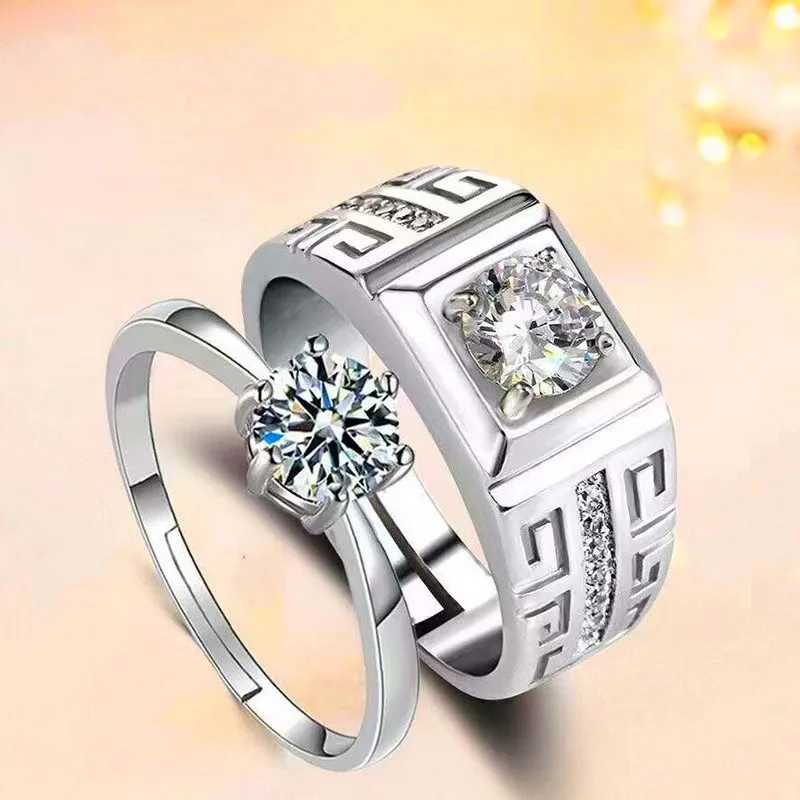 Alloy Electroplated Unisex Geometric Love Ring Set Featuring Chamfered Square Grain Design Ideal for Couples Flashing Diamond Ac