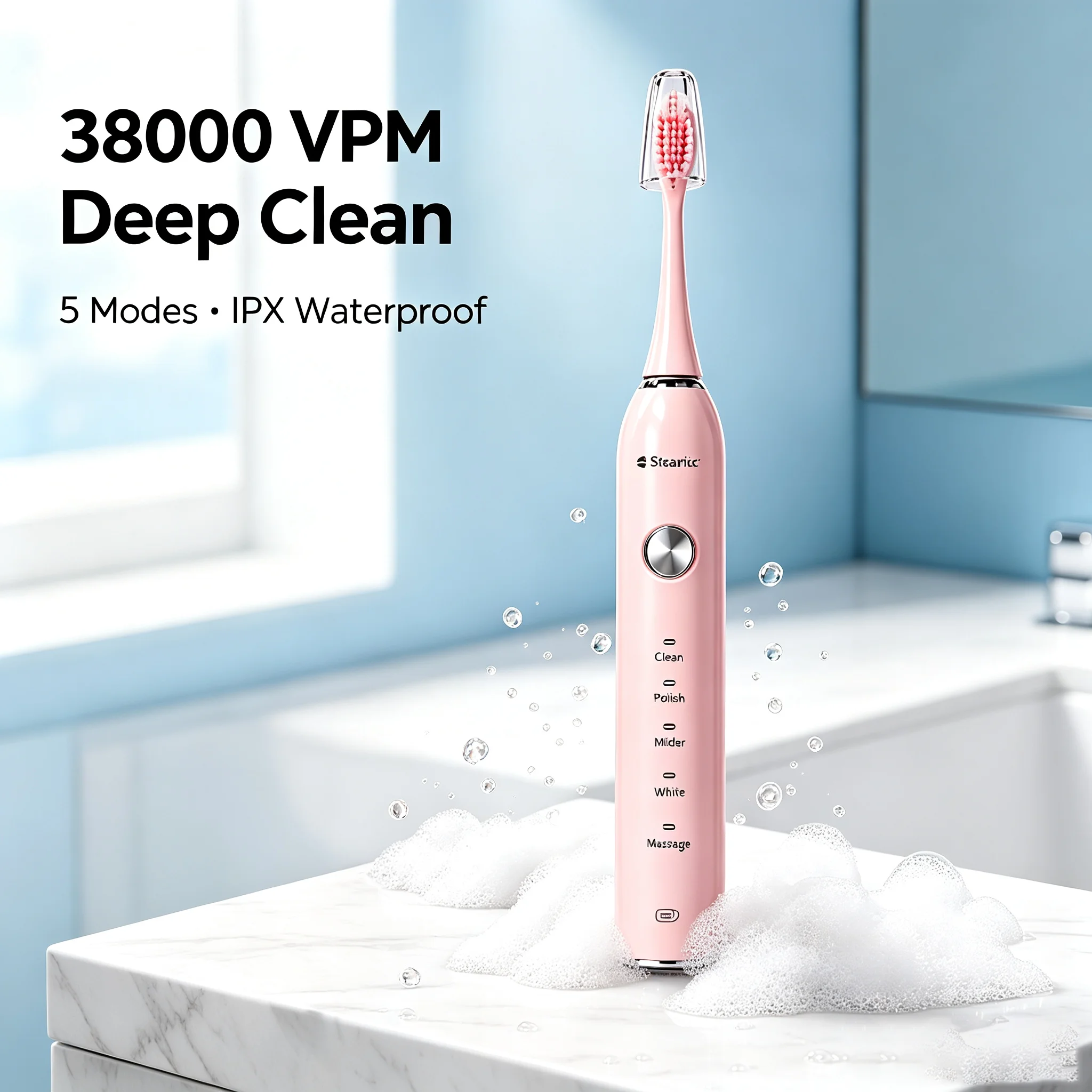 Smart Electric Toothbrush 2 Min Timer 30s Reminder 5 Modes 38000 VPM High Frequency Portable Rechargeable for Adult Travel
