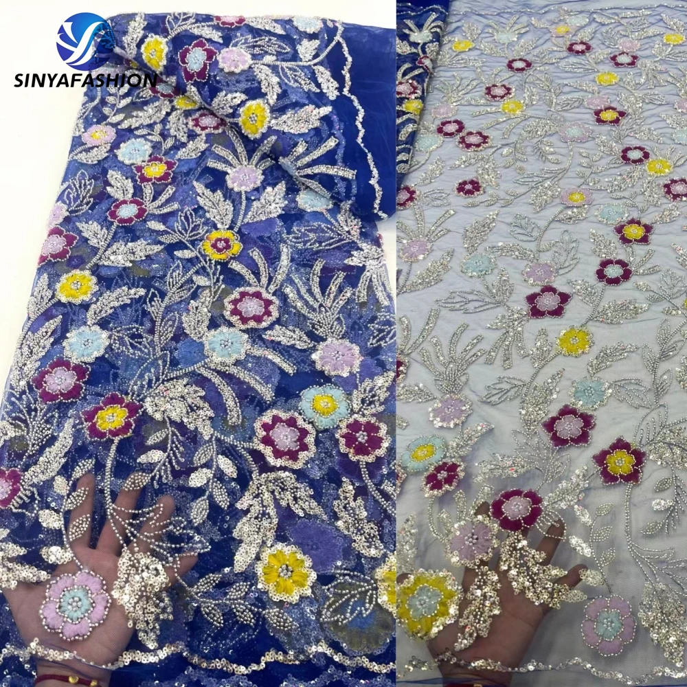 

Sinya Royal Blue Embroidery Pearls African French Tulle Sequins Lace 2024 High Quality Flower Luxury Wedding Beaded Lace Fabrics