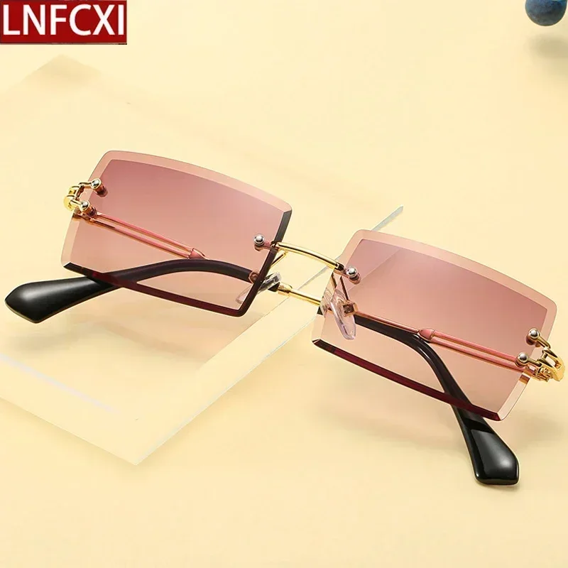 JNPCXI Rectangle Rimless Gradient Sunglasses Women Men Small Shades Fashion Sun Glasses for Male Retro Eyewear