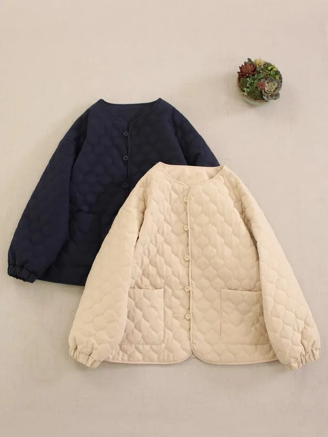 레트로 일본 스타일 여성용 짧은 면 재킷 푹신한 루즈핏 면 조끼 달콤한 숲 시스템 두꺼운 긴 소매 라운드 넥