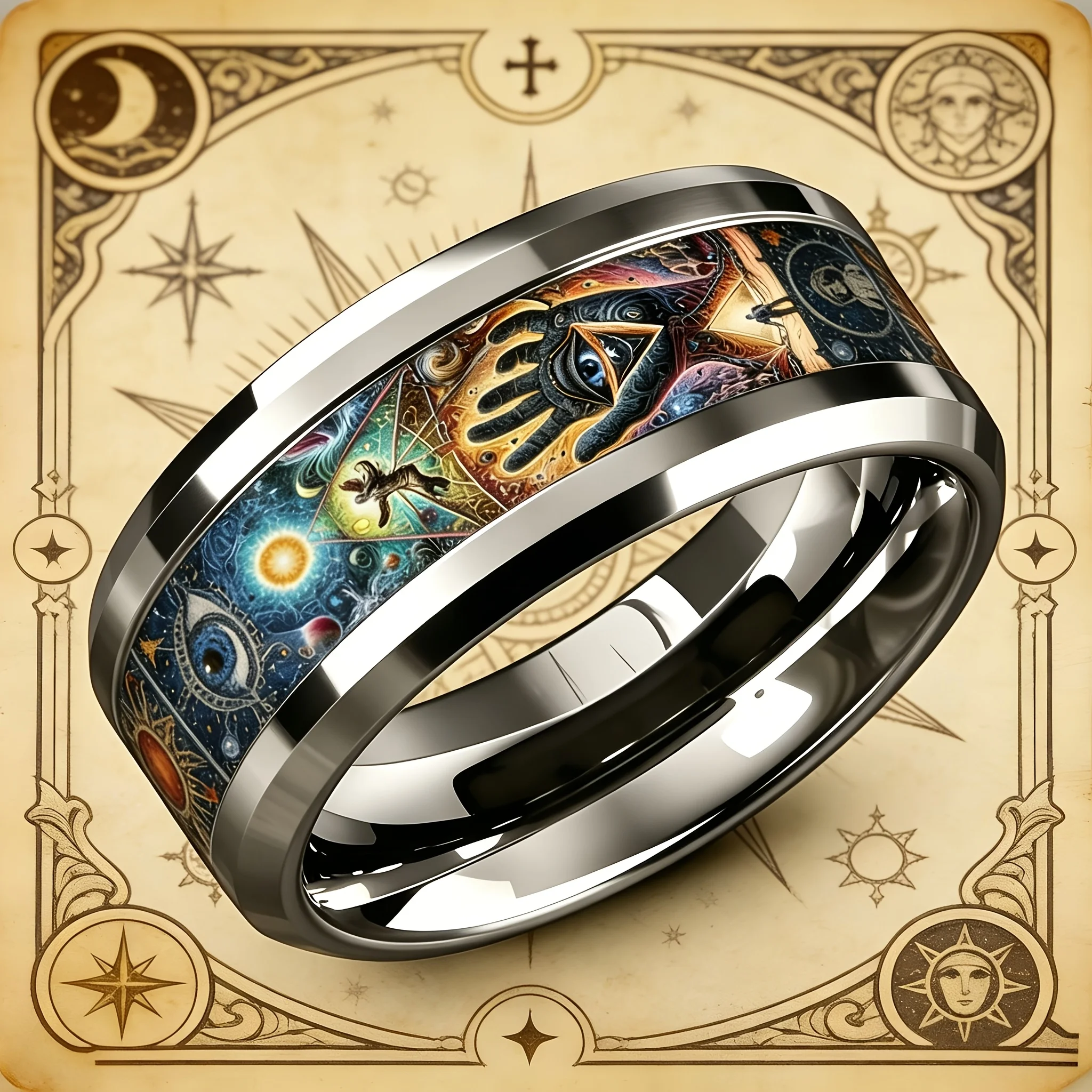 SUNFLOWER Unique Universe Men Stainless Steel Rings Non-fading Festival Starry Sky Wedding Band Double Bevel Ring Wholesale