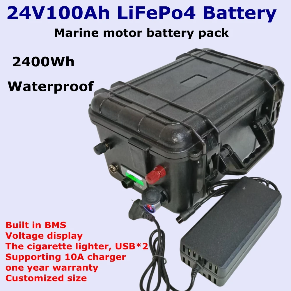 

Waterproof Marine motor battery pack Lifepo4 24V, 100Ah, BMS, for 2400W,trolling motor, 89/119 pound thrus fishing boat charger