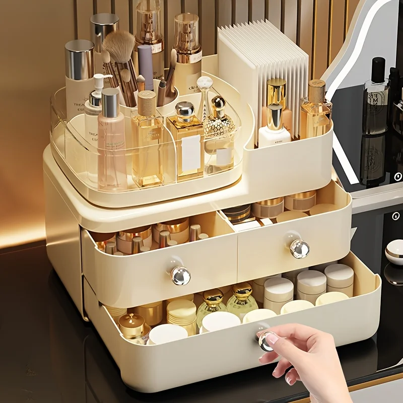 

3-х уровневый органайзер для макияжа большой емкости с ящиками — портативный ящик для хранения косметики, прочный пластиковый компактный дизайн для ванной комнаты