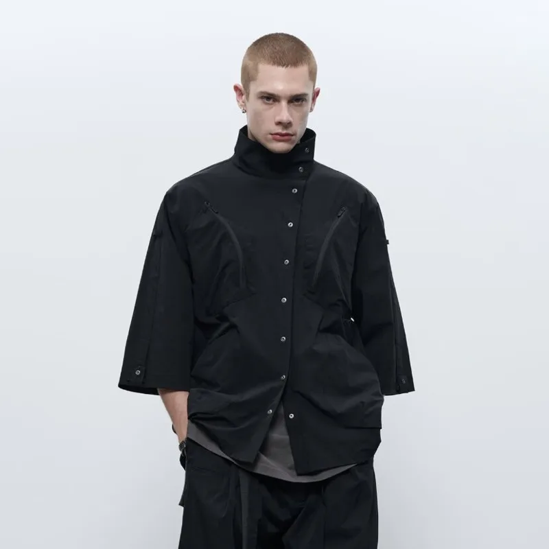 HKSH Spring Summer New Men's Tide Dark Chic Ins Left-collar Diagonal-Neck Four-button Mid-Length Sleeve Quick-Dry Shirt HK26468