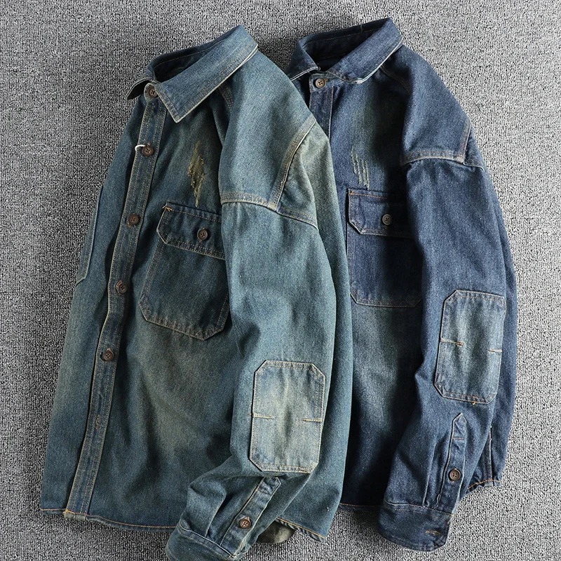 New Vintage High Quality Denim Shirt Men's Fashion Washed Old Thick Double Pocket Casual Jacket for Spring 2024