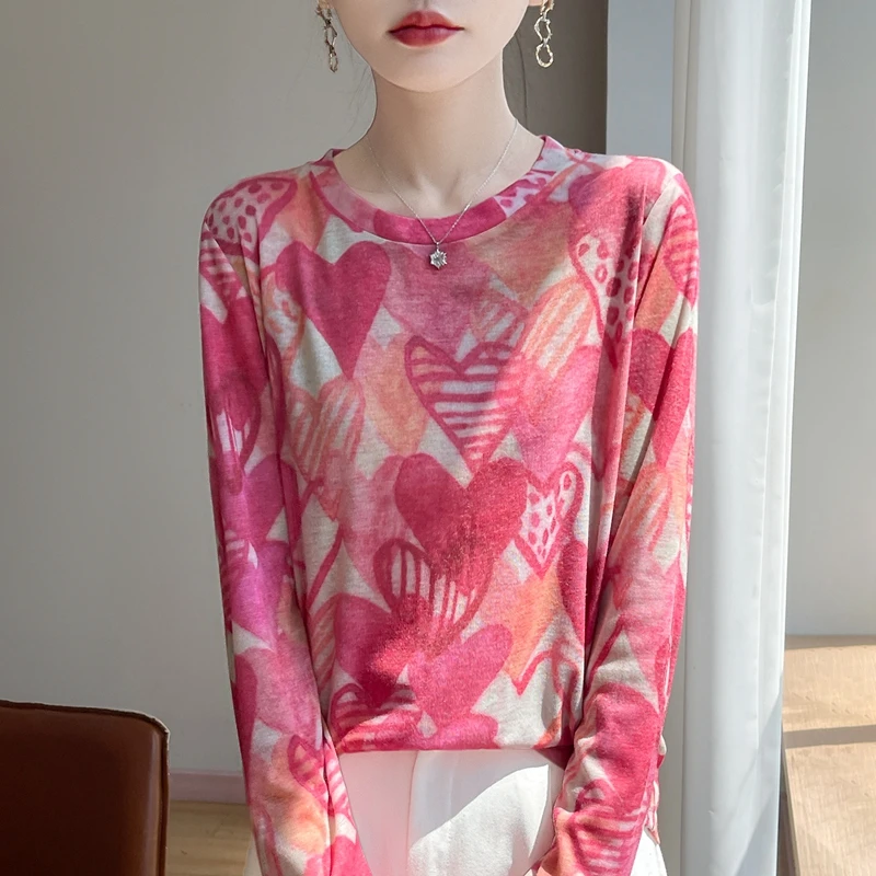 Spring And Autumn New Worsted Sweater Round Neck Bottoming Shirt Joker Long Sleeve Pullover Printing Long Sleeve