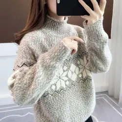 Autumn Winter New Women's Half High Collar Jacquard Weave Pullovers Sweaters Elegant Versatile Loose Casual Long Sleeve Tops