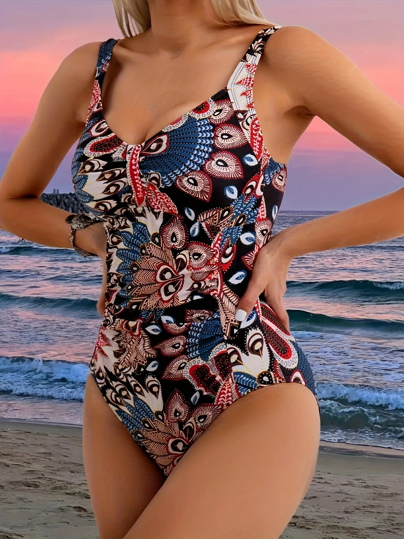 Women'S Stylish One-Piece Swimsuit, Random Print, Pleated Design, Slimming, Holiday Style Clothing