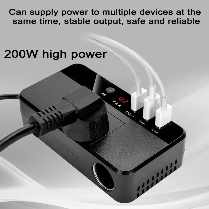 200W Portable Car Inverter Car Fast Charger Converter with 3 USB Ports Power Adapter Cigarette Lighter Plug for Outdoor Camping