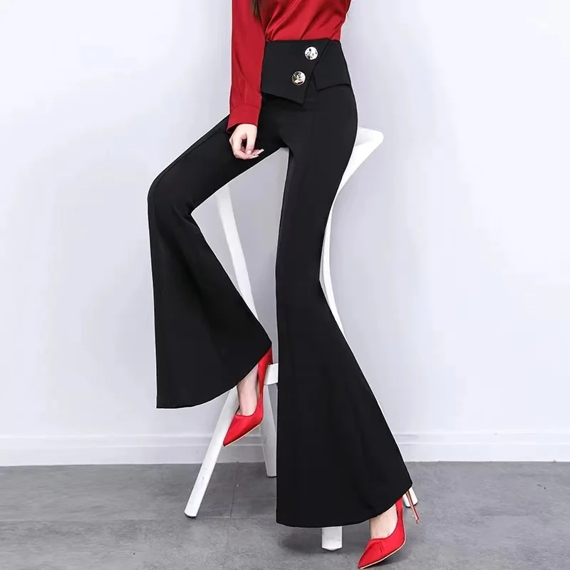 Gold velvet high waist big flared pants women\'s slim pants drape wine red trousers solid color elegant ladies plus size pants